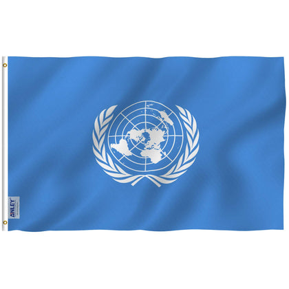 Anley United Nations flag in Fly Breeze design fluttering in a gentle breeze.