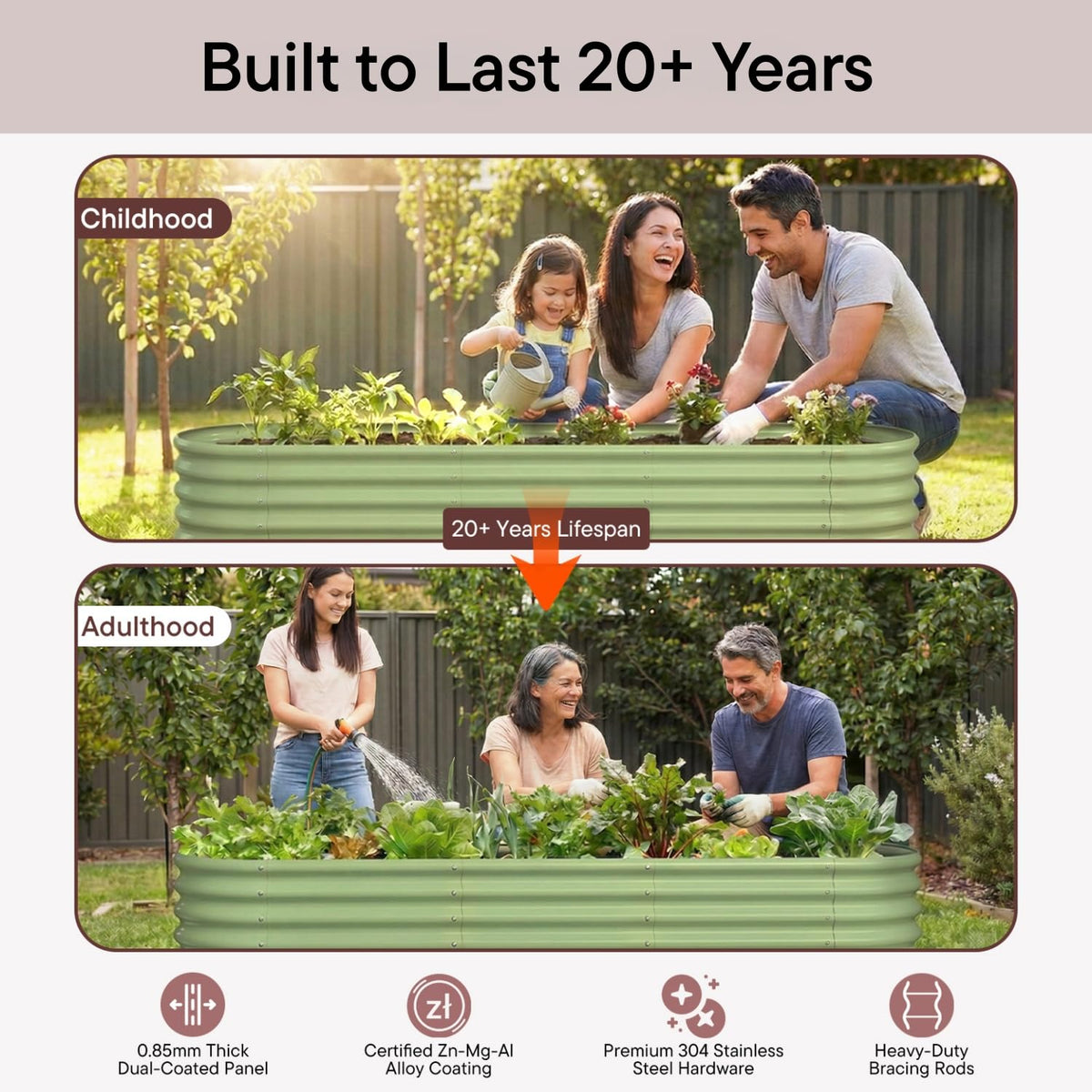 Annoell raised bed in garden with tomatoes and kale demonstrates space-efficient planting.