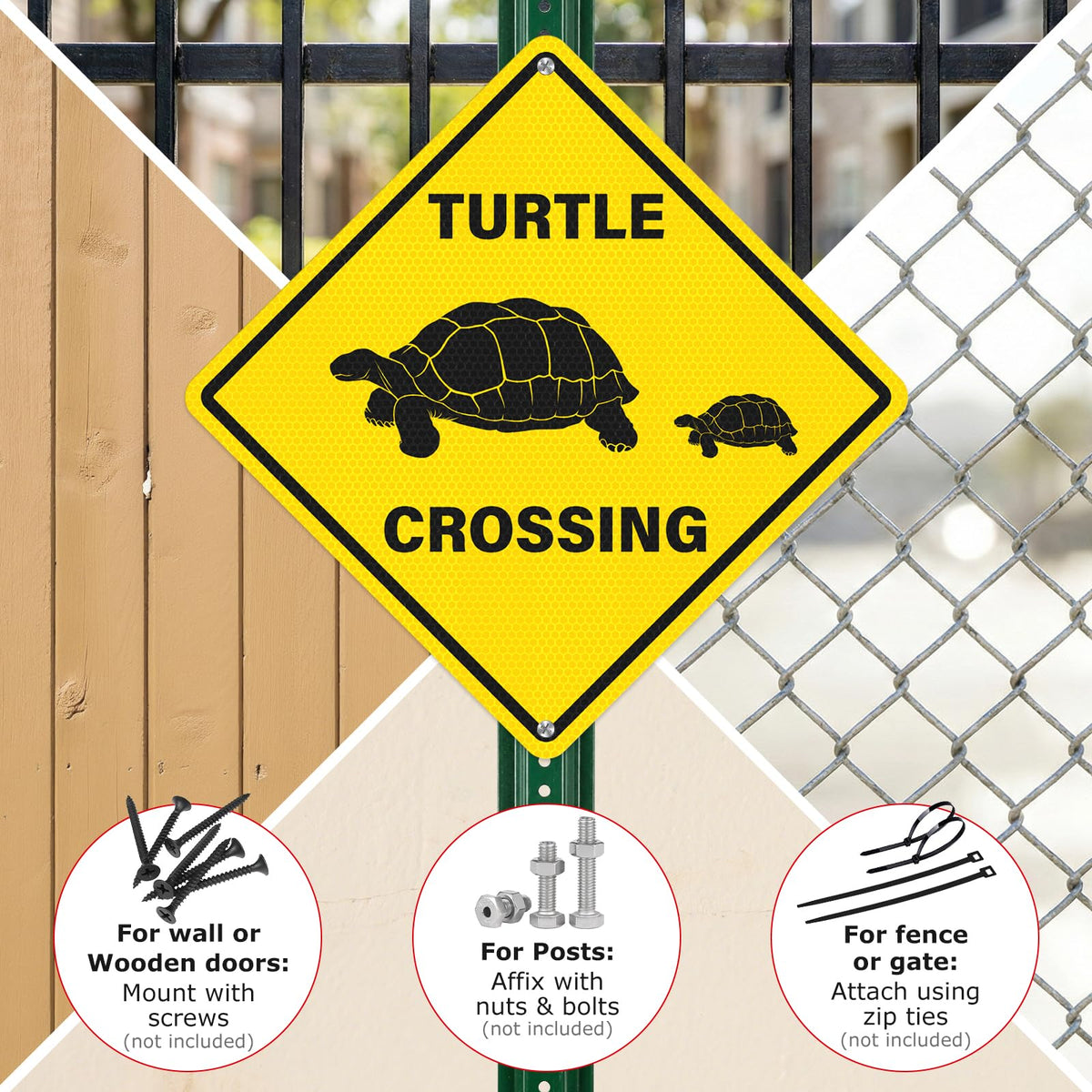 Anobell fence-post turtle sign supports easy mounting on posts or gates