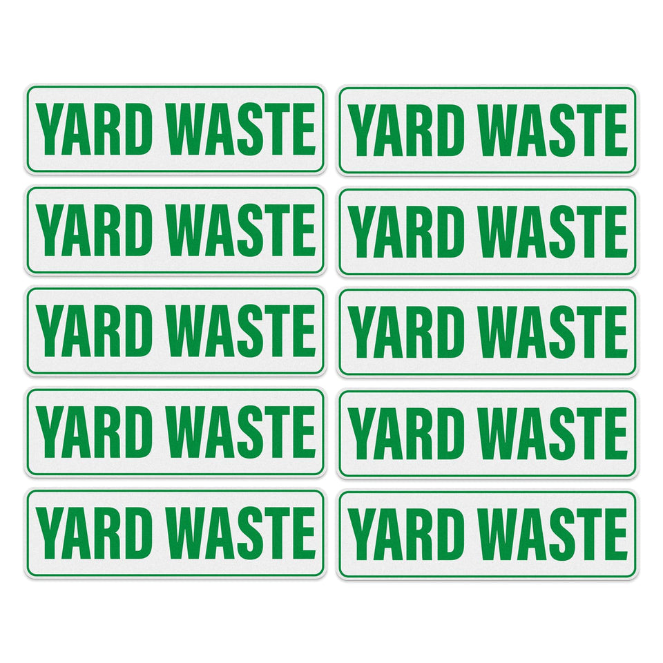 Anobell yard waste sticker on a can, high visibility for curbside recycling.
