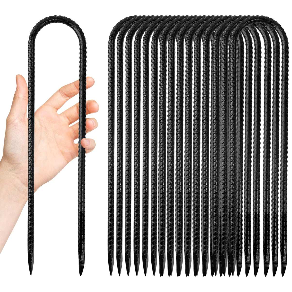 Anothera 16-pack steel rebar stakes in ground for wind resistance in tents and canopies