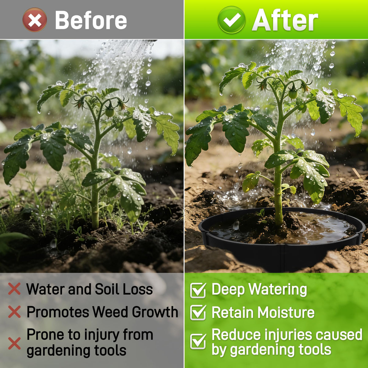 Anothera rings directing water toward root zone during irrigation