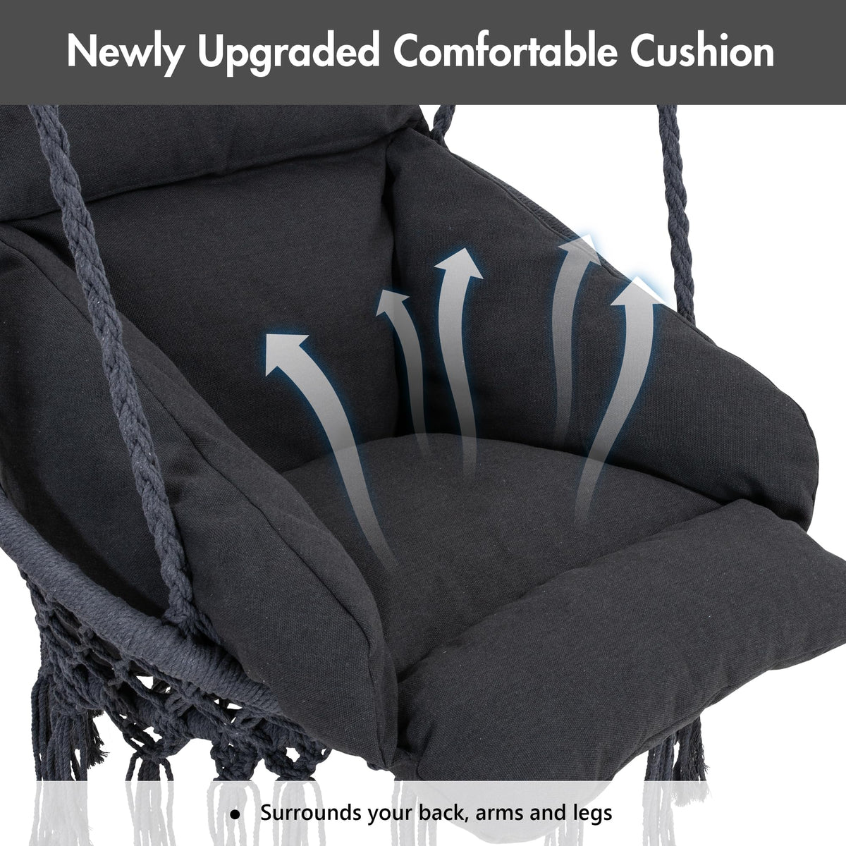 ANOW hammock chair dimensions show wide seat and tall backrest