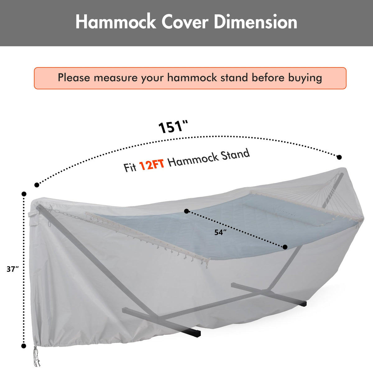 ANOW hammock cover demonstrates 12ft fit for secure protection