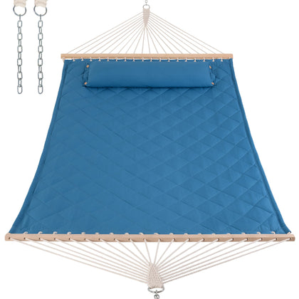 ANOW quilted hammock with blue spreader bars for comfortable outdoor lounging.
