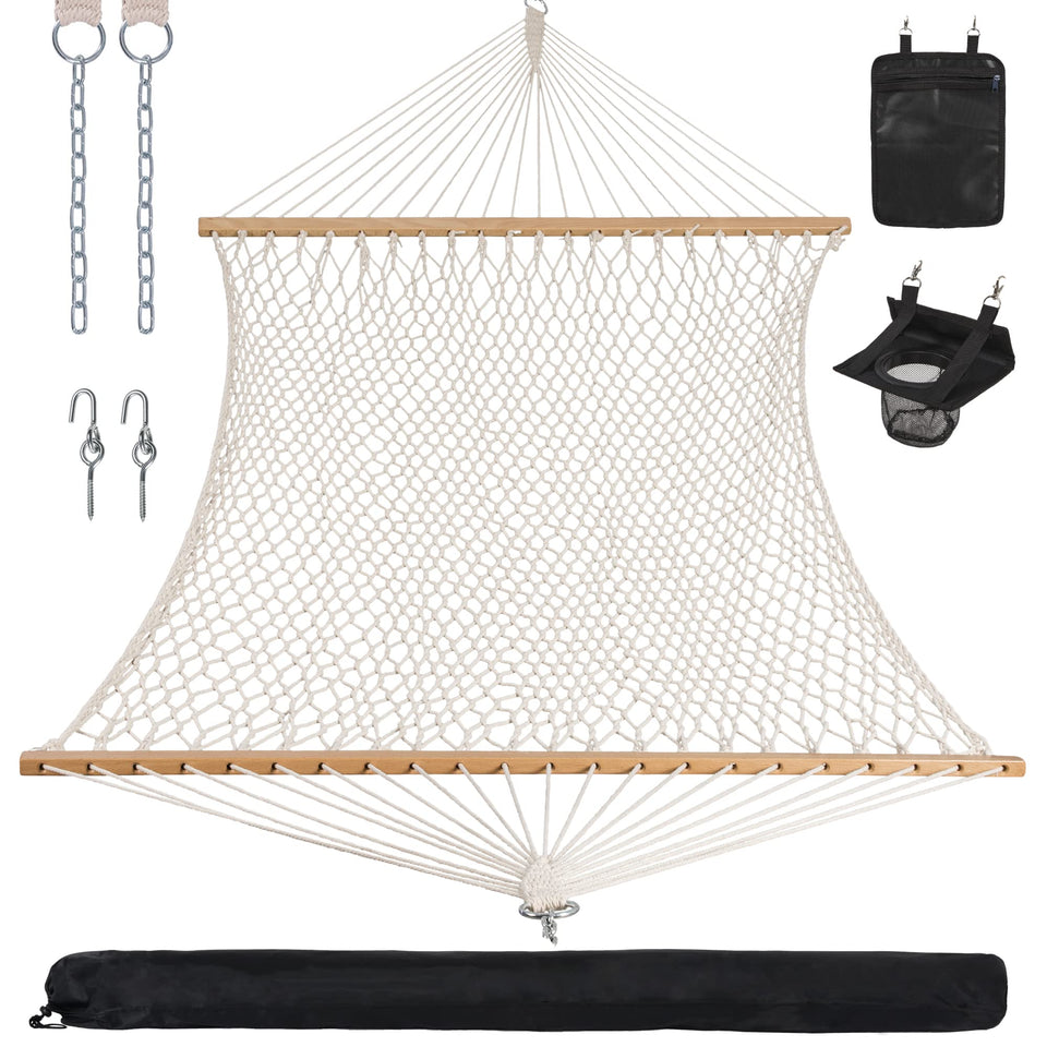 ANOW rope hammock double setup bathed in sun for two-person relaxation.