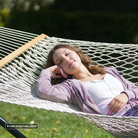 ANOW hammock with hardwood spreader bar for durable outdoor support.
