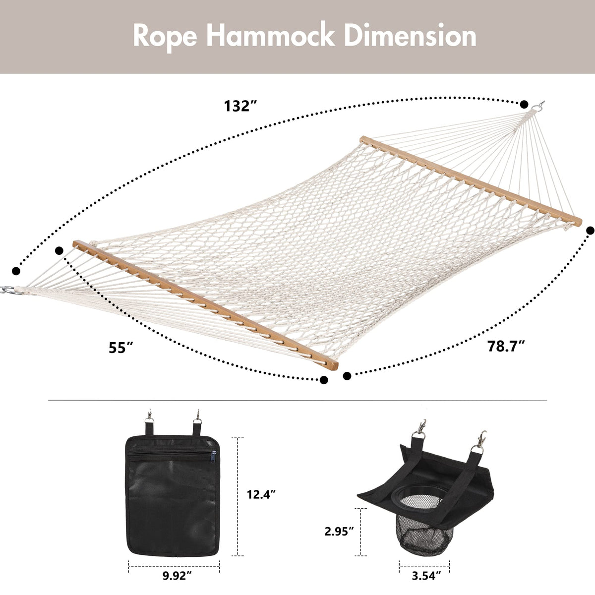ANOW hammock includes tree hooks for easy outdoor hanging.