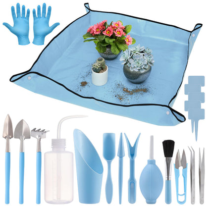 ANPHSIN 20-piece garden tools set with blue mat for precise transplanting