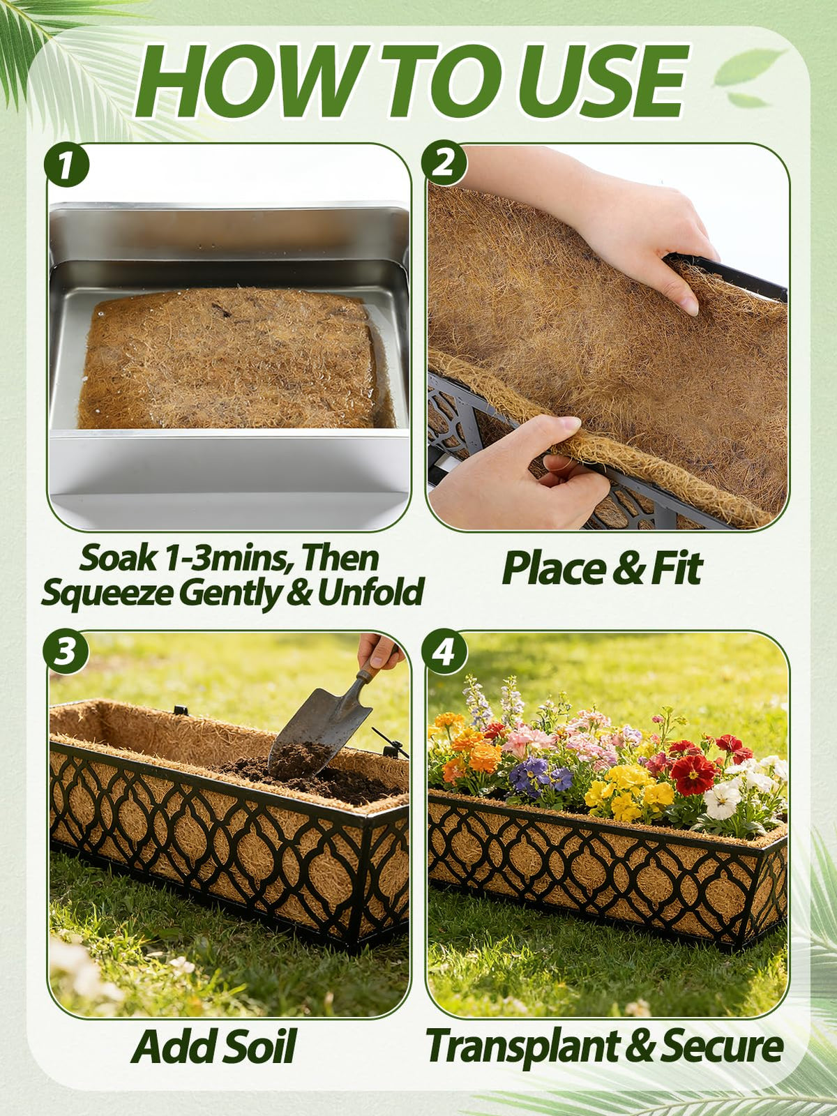 ANPHSIN outdoor-friendly liners fit window boxes, railings, and hanging baskets for versatile planting.