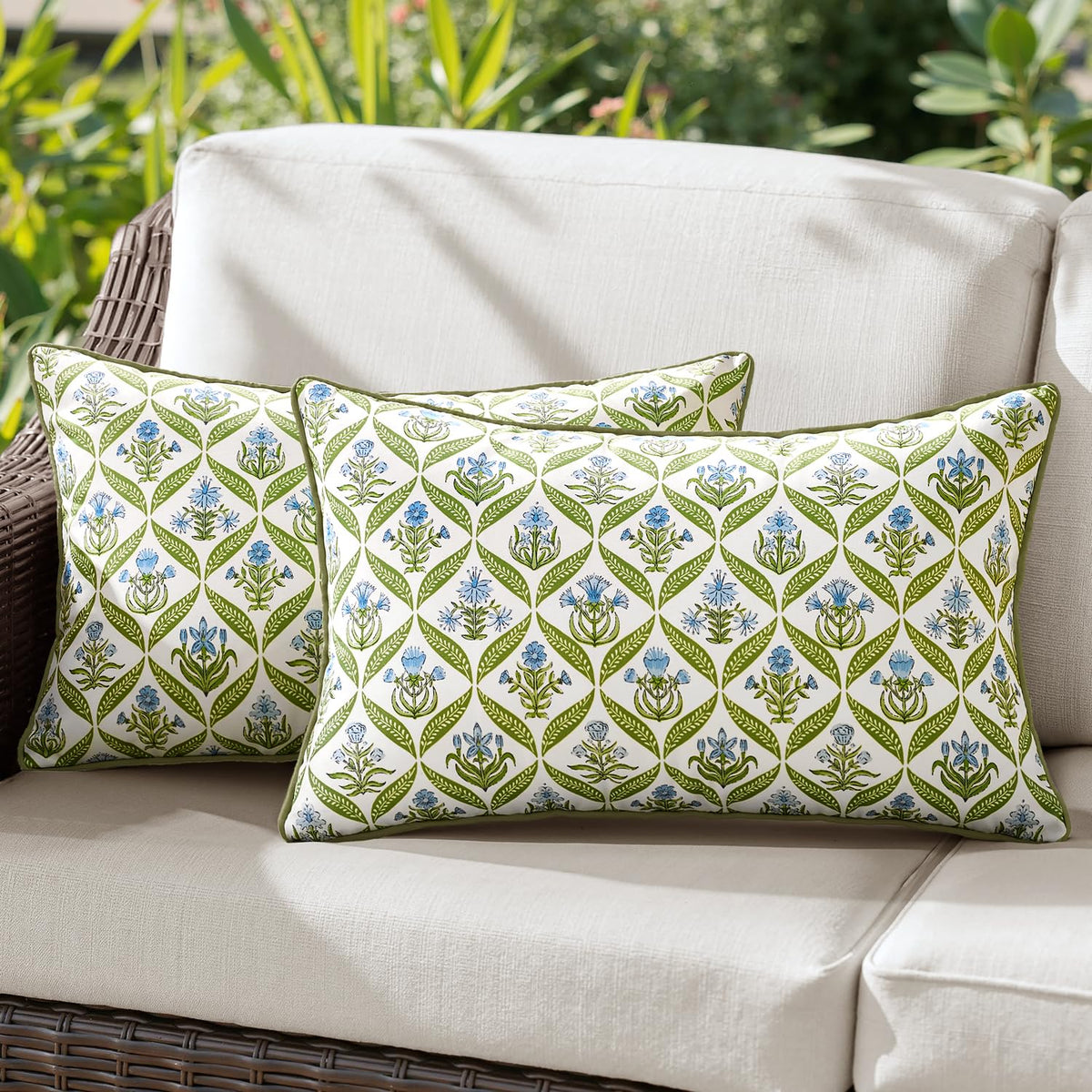 ANRODUO floral outdoor pillow cover 12x20 with green botanical print provides waterproof protection.