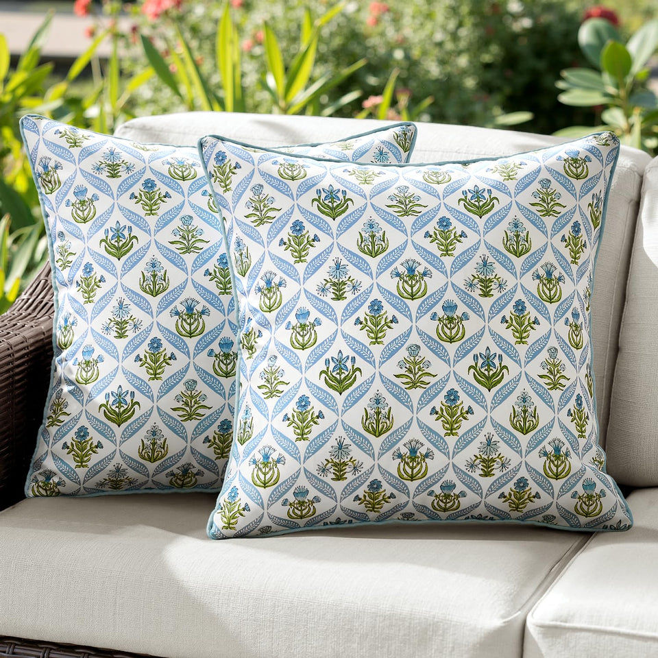 ANRODUO floral outdoor pillow cover 18x18 with blue-green pattern enhances patio decor.