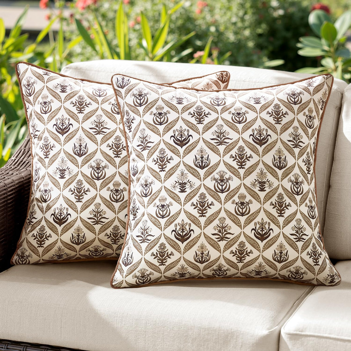 ANRODUO floral outdoor pillow cover 18x18 with brown botanical pattern for sunlit patios