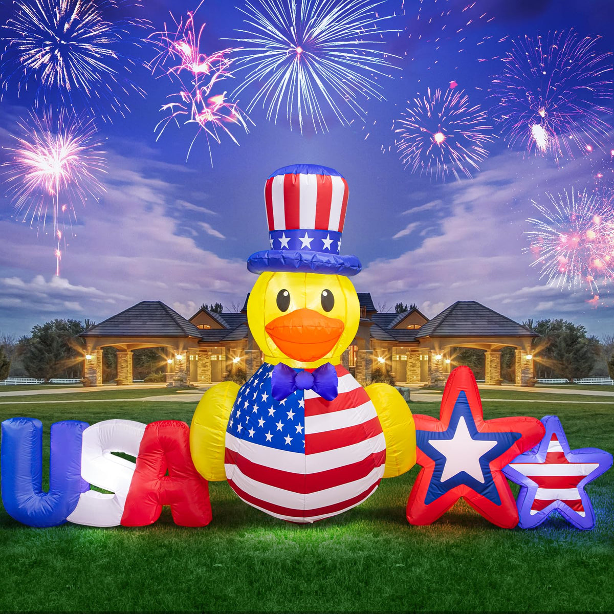 Anroog 8.86ft patriotic duck inflatable with bright LEDs lights up outdoor celebrations.