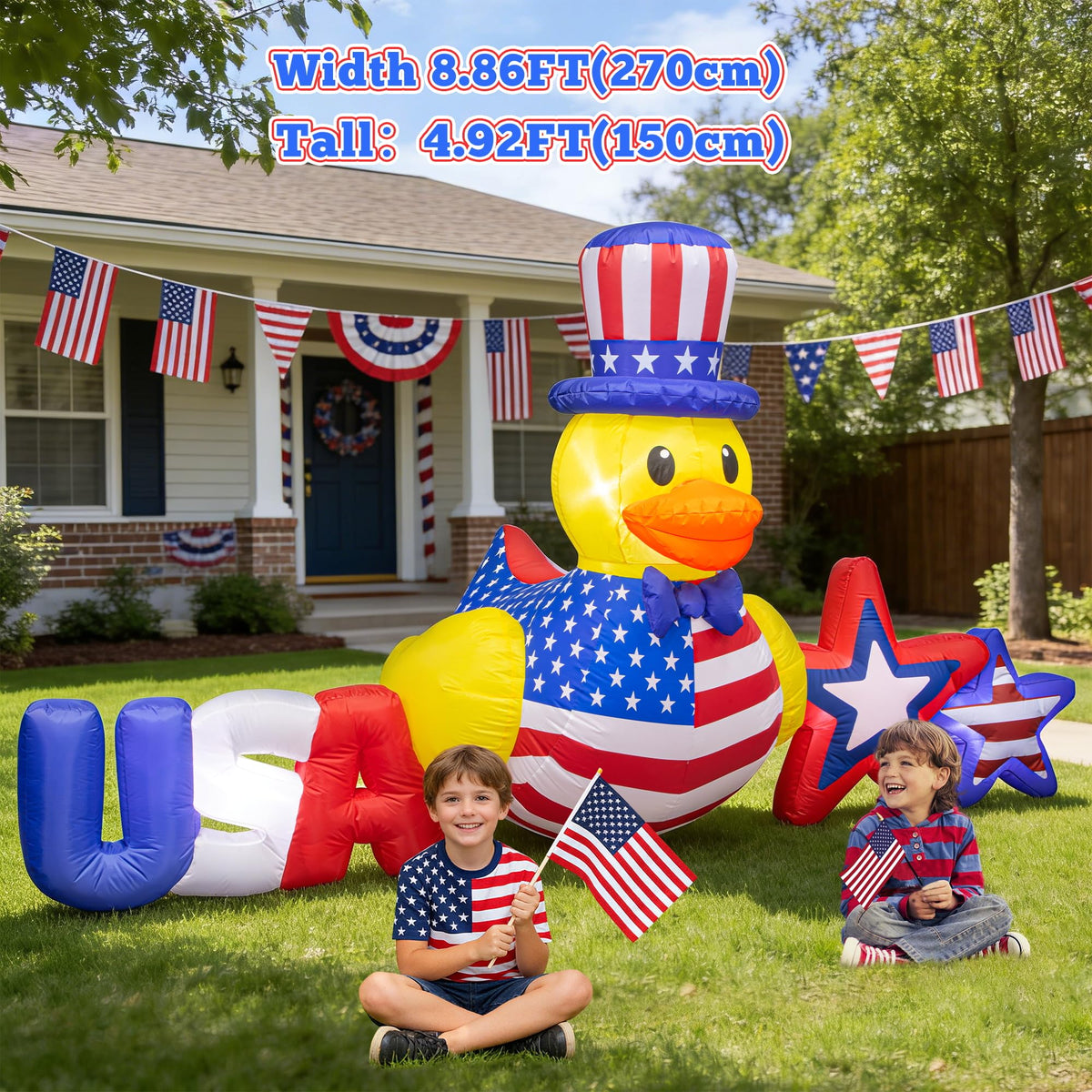 Anroog patriotic duck inflatable stands tall in the garden for Fourth of July.