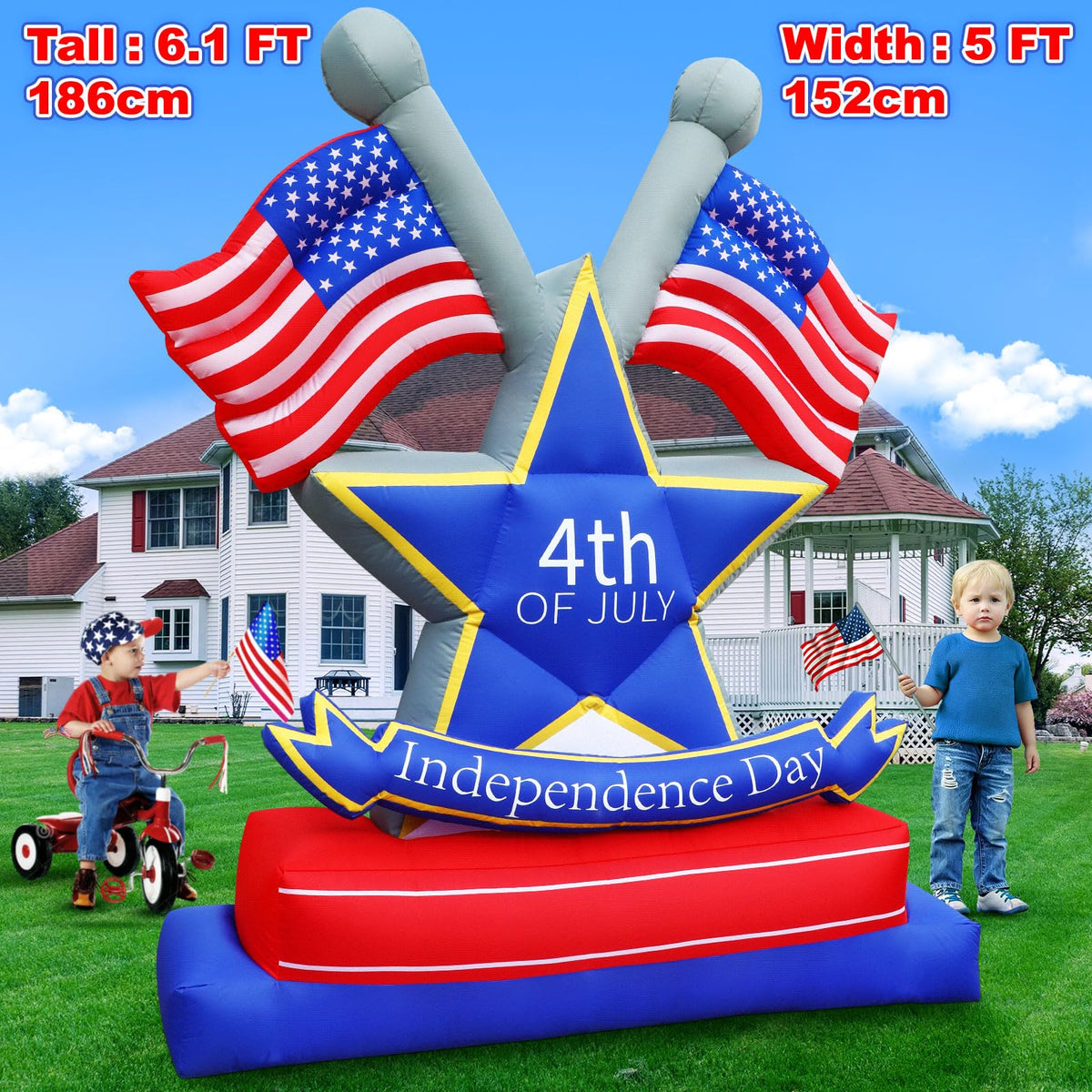 Anroog patriotic star and flag yard inflatable enhances curb appeal with bright illumination.