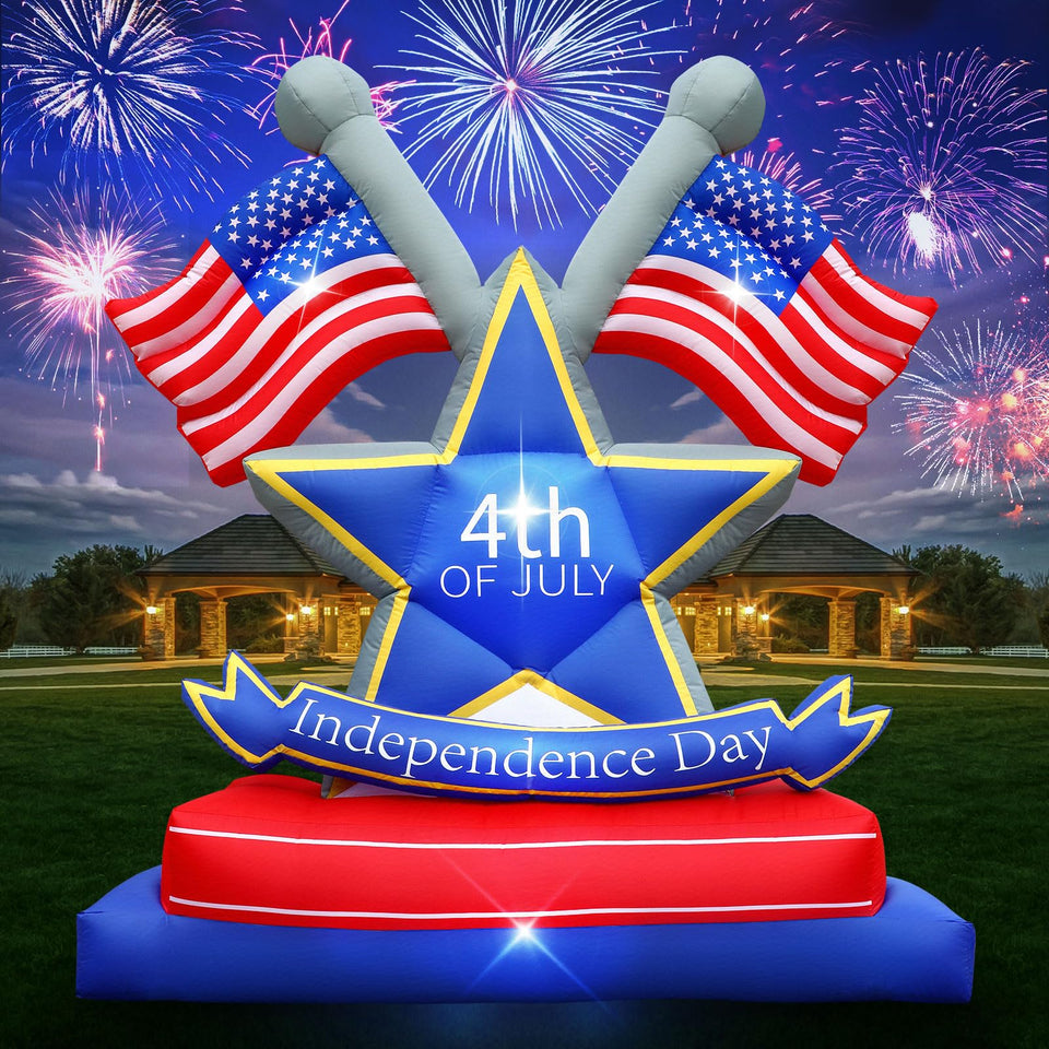 Anroog 6ft USA flag inflatable with LED lights for festive outdoor Independence Day display.