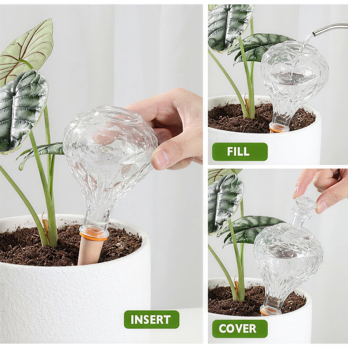 Vacation friendly Ansberta watering device resting beside potted herbs.