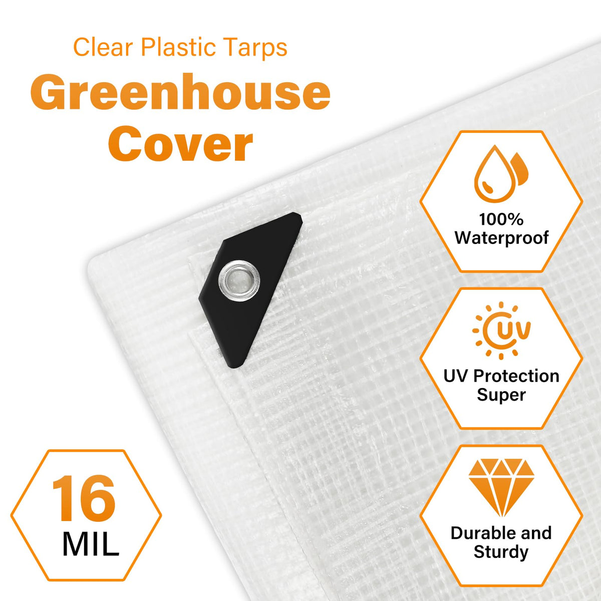 Ansgery heavy-duty greenhouse tarp with grommets securing shelter.