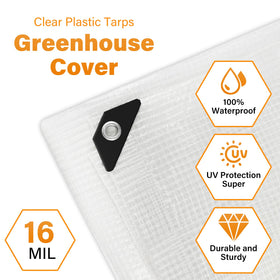 Ansgery heavy-duty greenhouse tarp with grommets securing shelter.