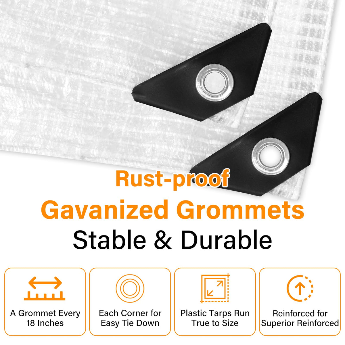 Ansgery tarp with 18-inch grommets offers easy, secure setup.