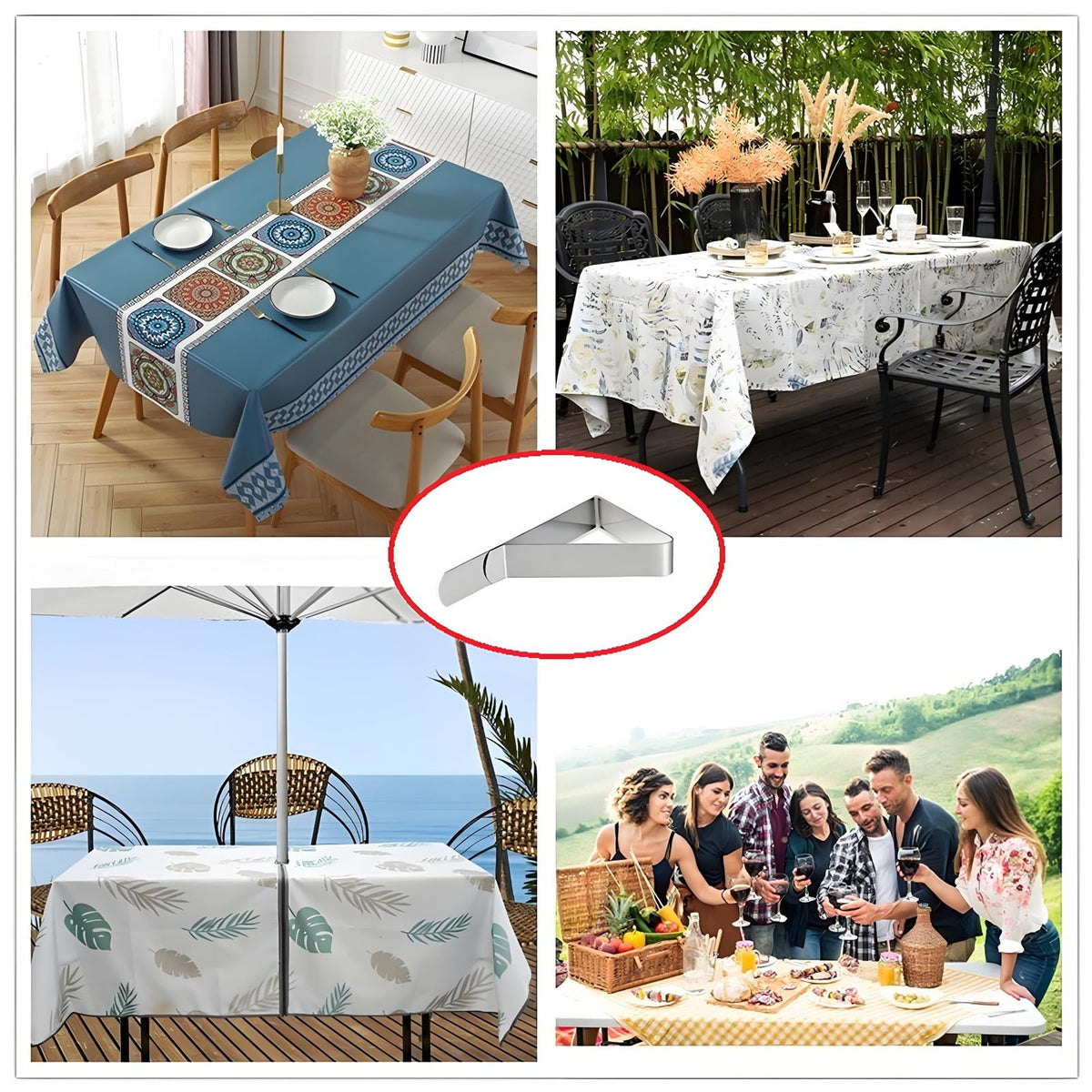 Patio or picnic area showing secure tablecloth coverage with ANSLYQA clips.