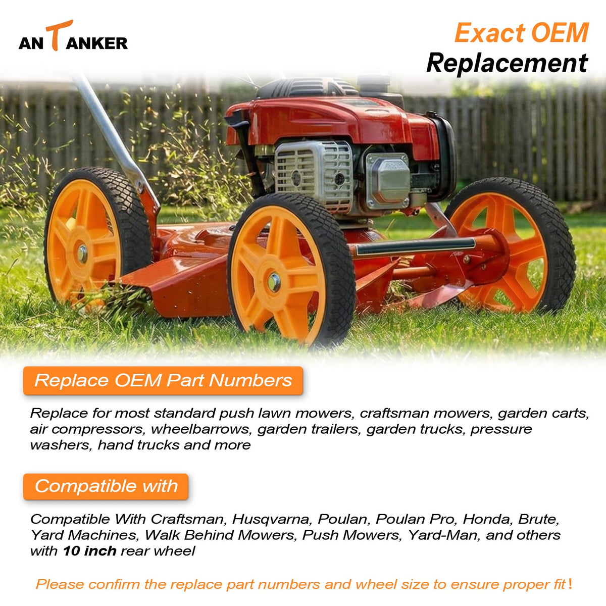 Antanker 10in lawn mower wheel with bolts demonstrates quick DIY installation.