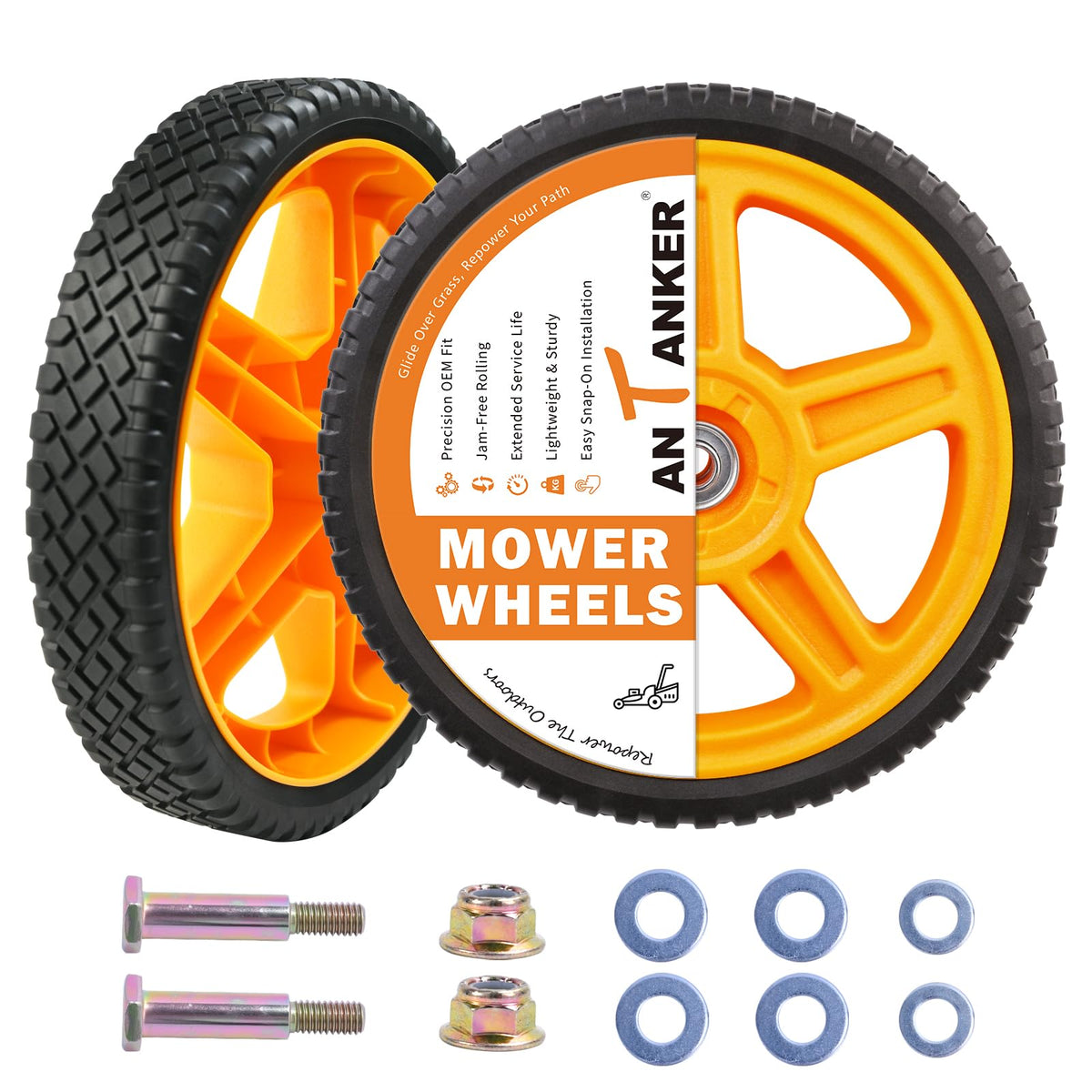 Antanker 10in lawn mower wheel front view shows universal fit for many mowers.
