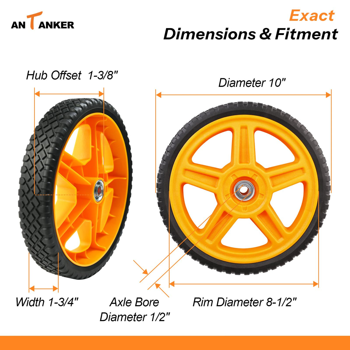 Antanker 10in lawn mower wheel side view highlights sturdy construction for daily yard use.