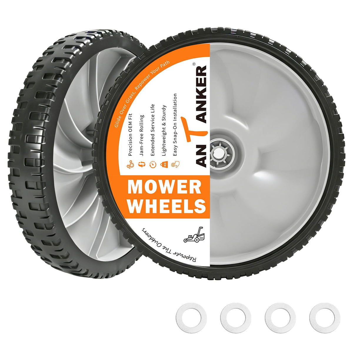 Antanker 11-inch lawn mower rear wheel for smooth movement on uneven terrain.