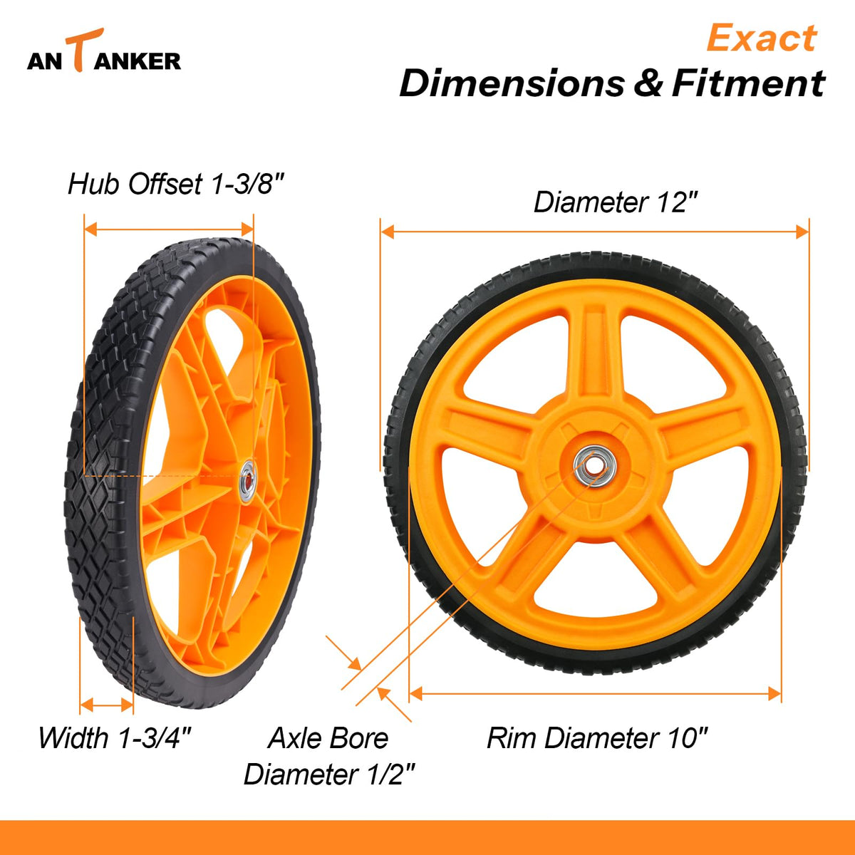 Antanker 12-inch lawn mower wheels side view shows durable construction that handles gravel and bumps.