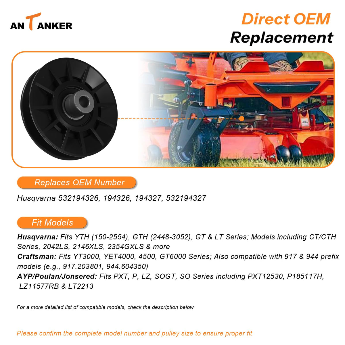 Antanker 532194326 pulley assembly with hardware included.