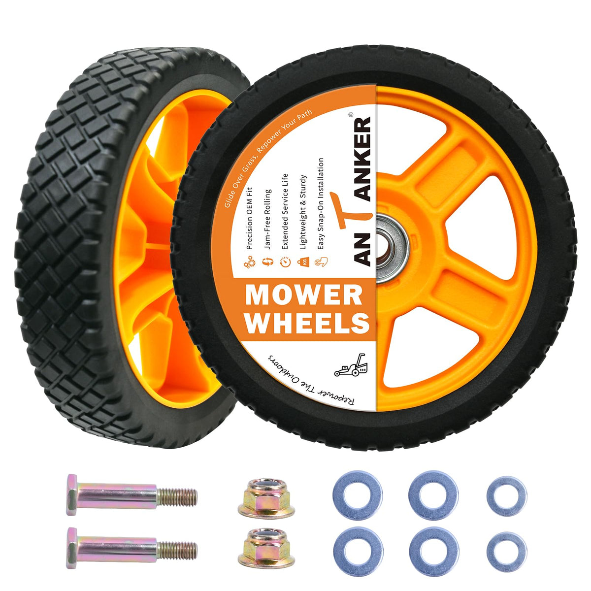 Antanker 7-inch lawn mower wheels with bolts for quick replacement and stability.