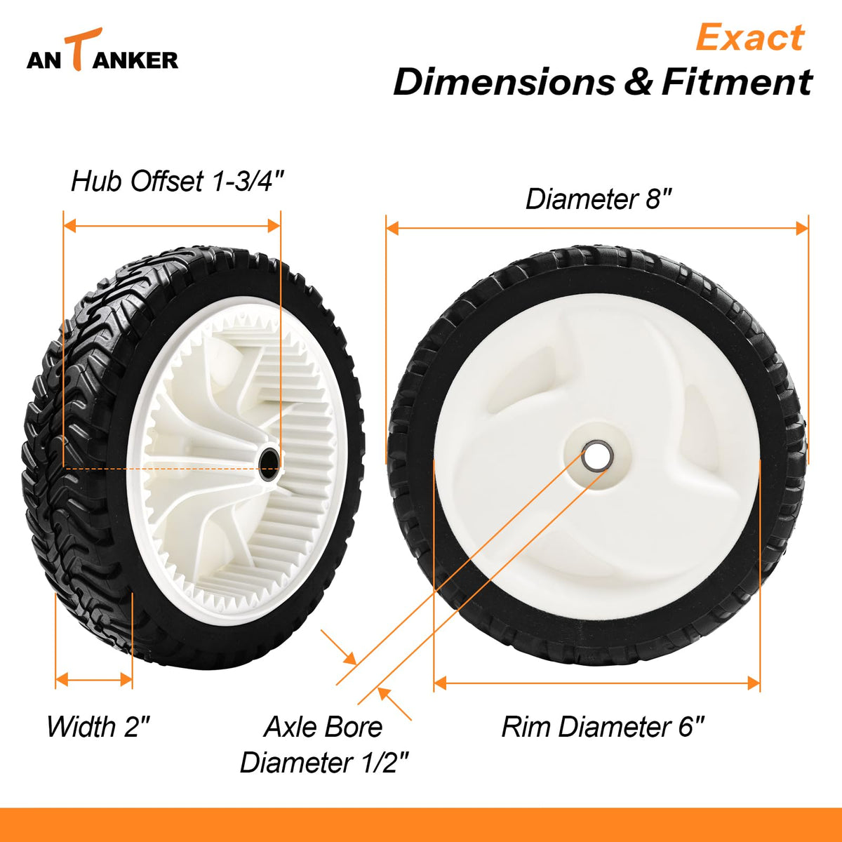 Antanker 8-inch mower wheel assembly showing easy bolt-on installation.