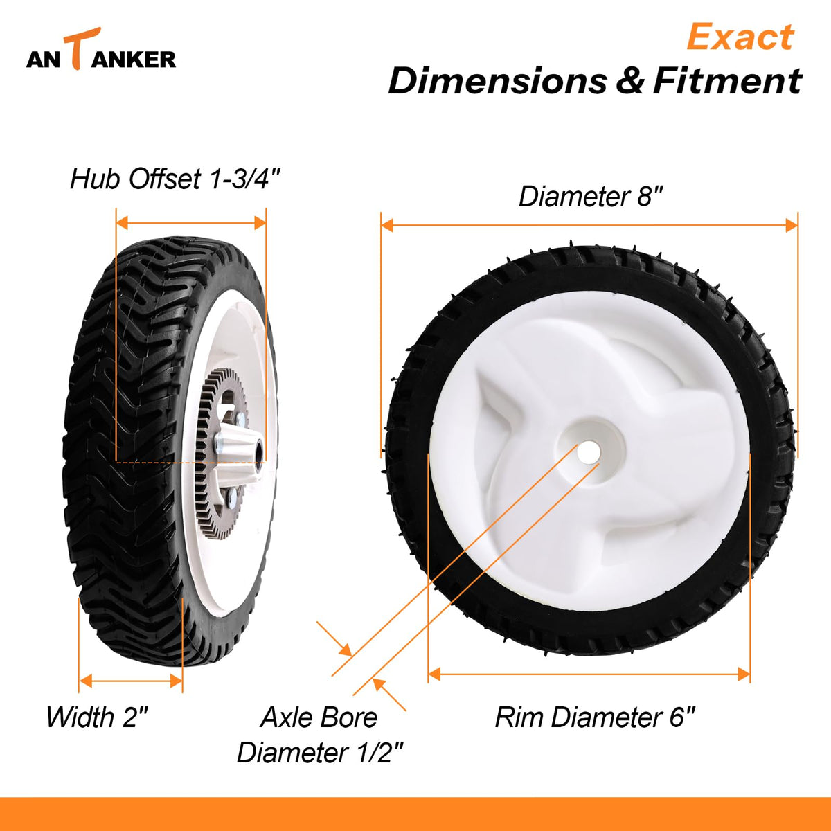Antanker 8-inch wheel with gear demonstrates durable tread for steady mowing.