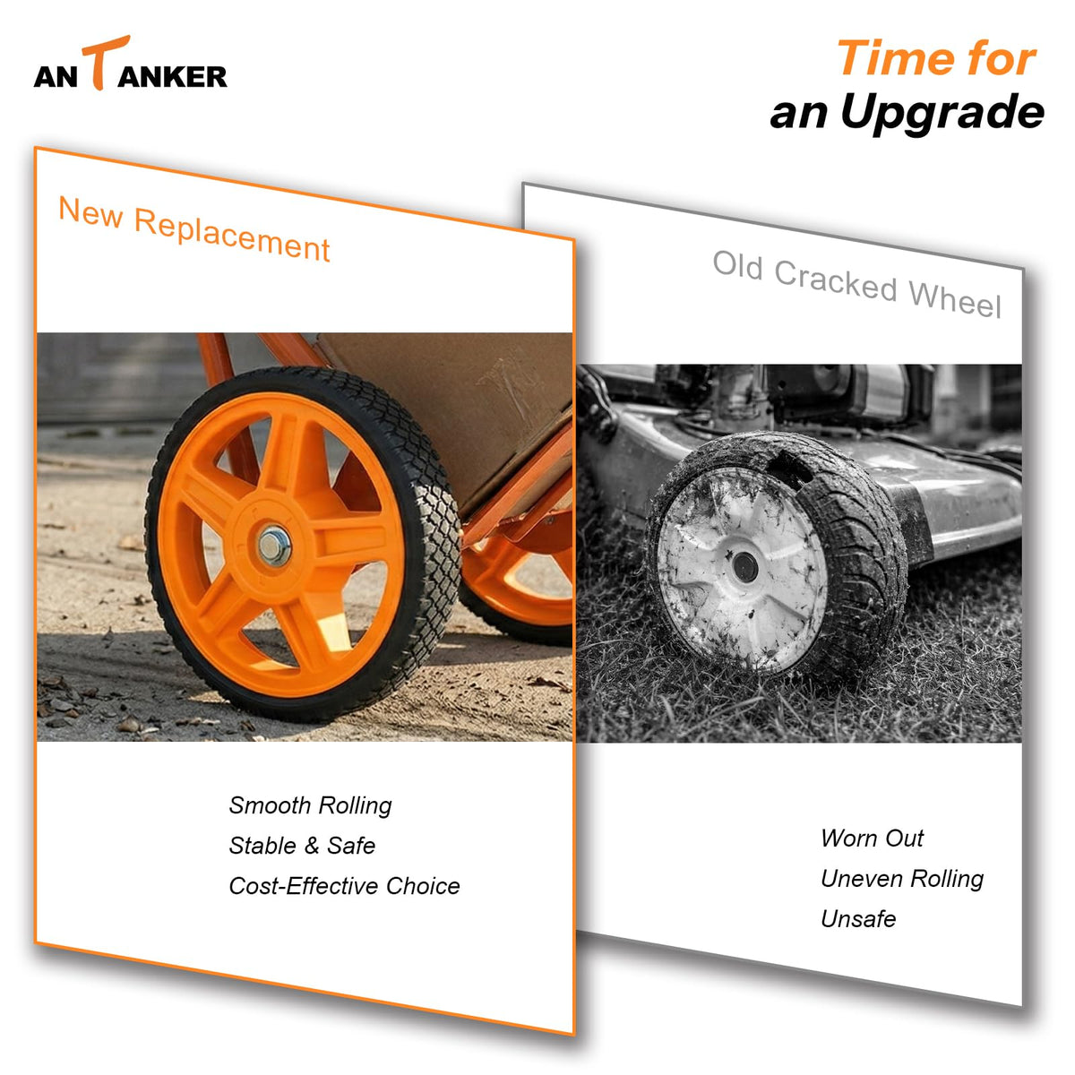 Antanker 10in lawn mower wheel mounted on grass demonstrates stable maneuverability.