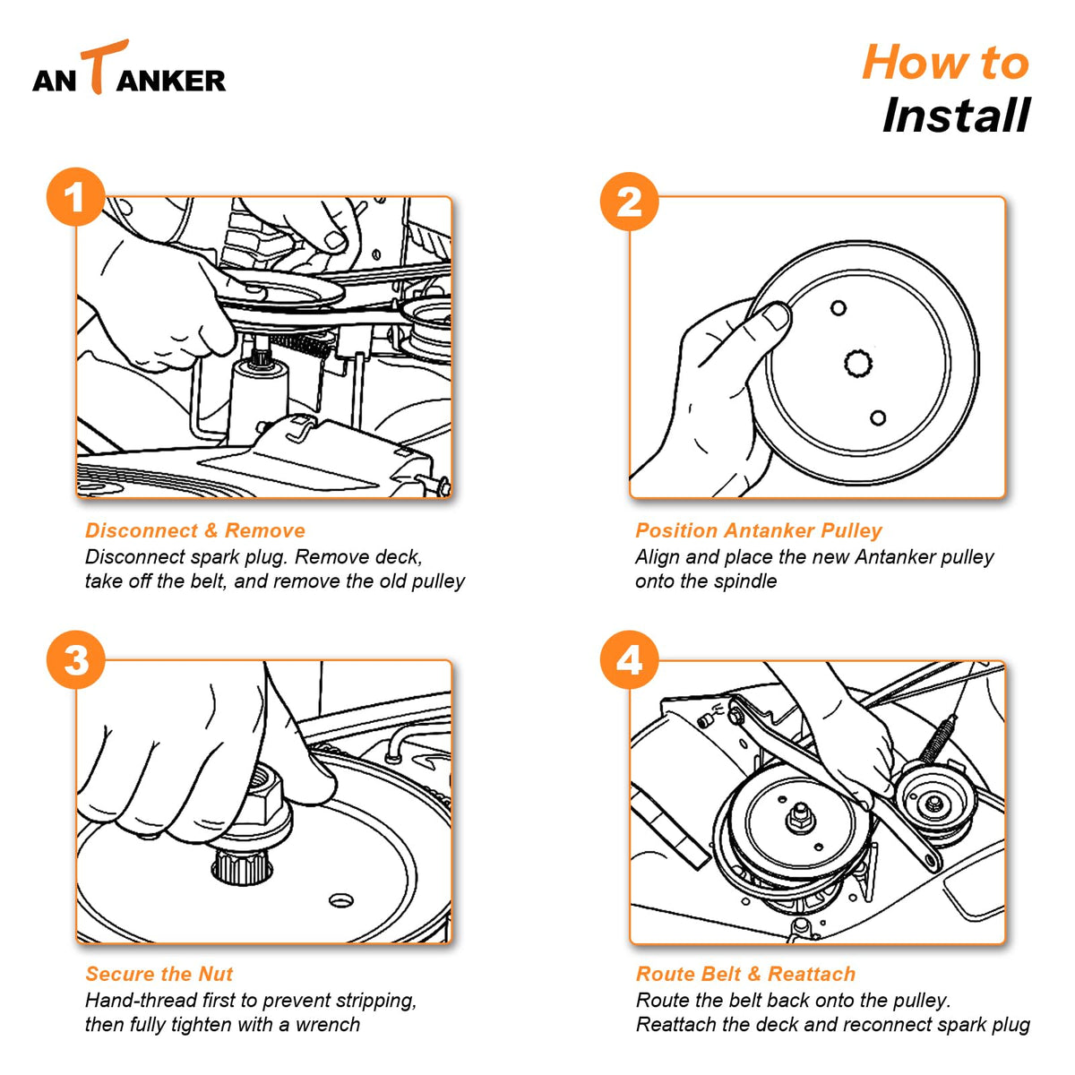 Antanker flat idler pulley reduces belt friction during mowing
