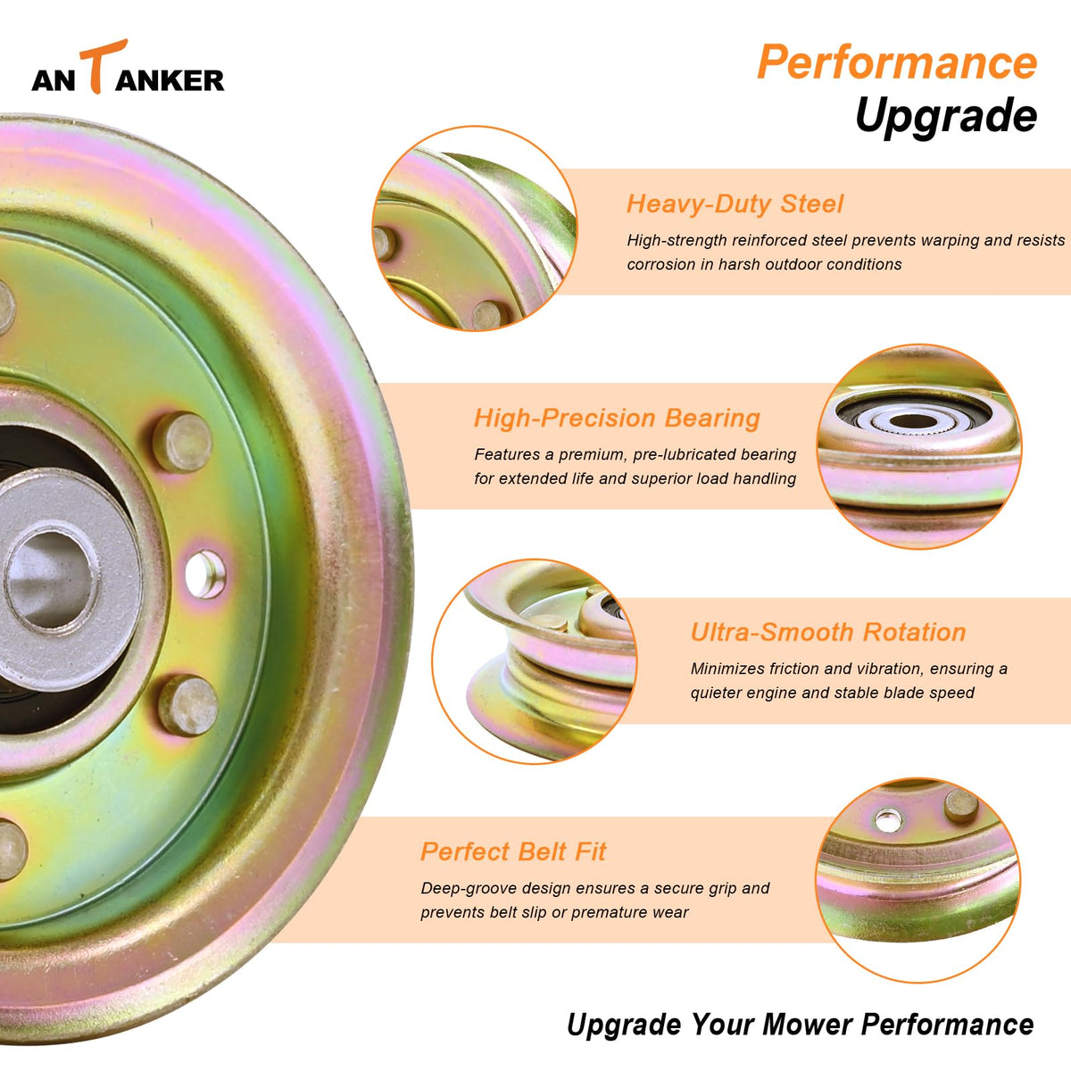Antanker flat idler pulley Craftsman-fit close-up for 42/44-inch decks