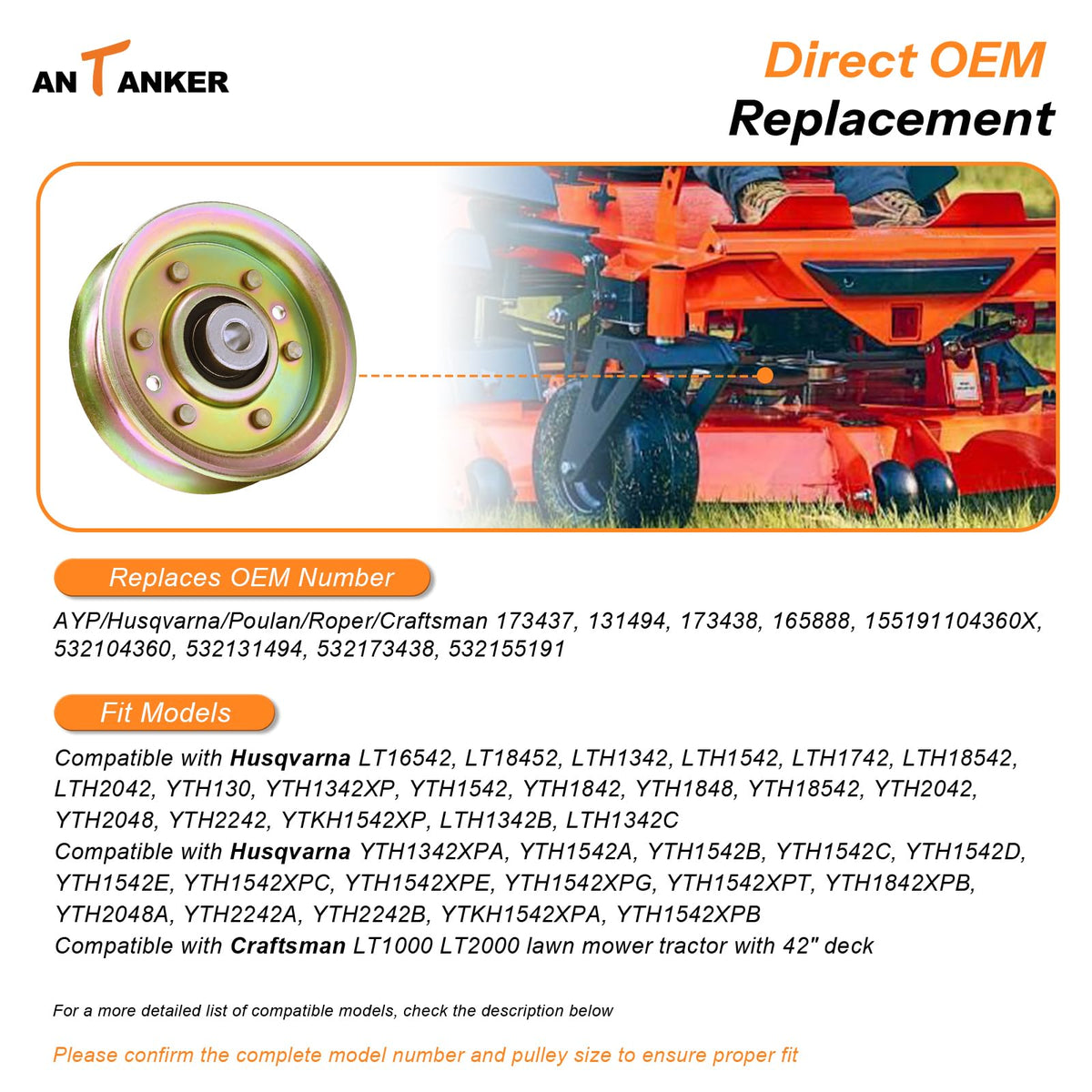 Antanker flat idler pulley Husqvarna-compatibility highlighting supported models