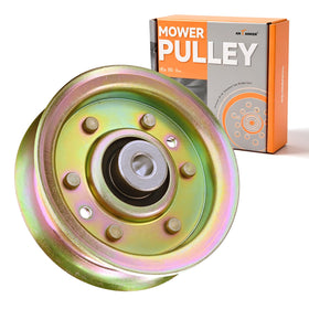 Antanker flat idler pulley mounted on a mower for smooth belt operation