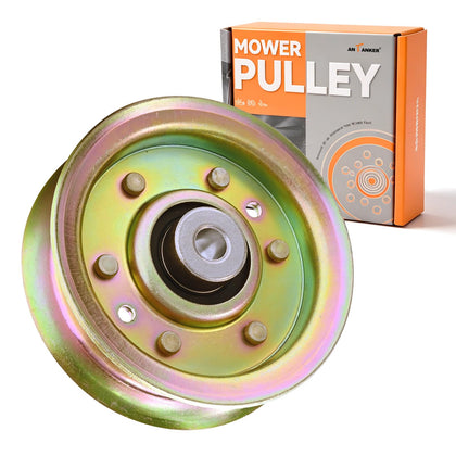 Antanker flat idler pulley mounted on a mower for smooth belt operation