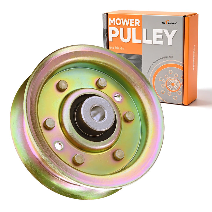 Antanker flat idler pulley mounted on a mower for smooth belt operation