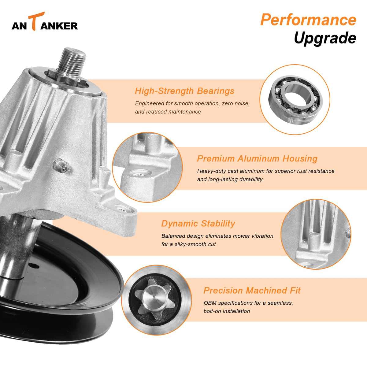 Antanker installation-ready spindle enables fast, reliable mower repairs