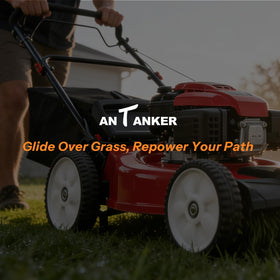 Antanker wheel moving steadily across grass and soil.