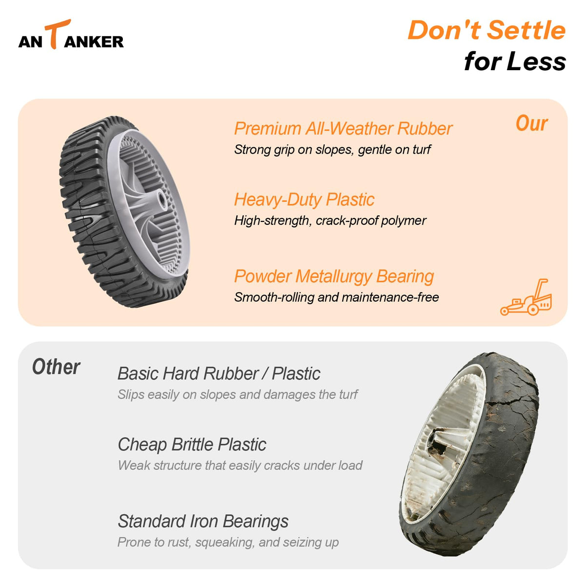 Antanker HU700F compatible front wheel enables smoother mowing.