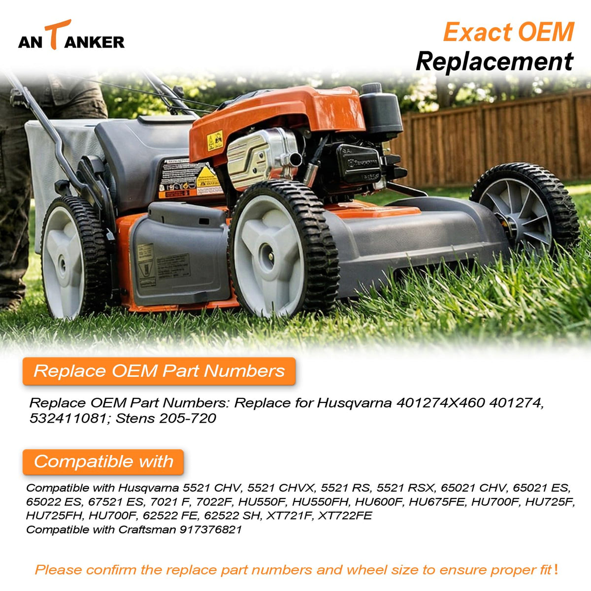Antanker Husqvarna 5521 CHV compatible wheel aligns with easy swap.