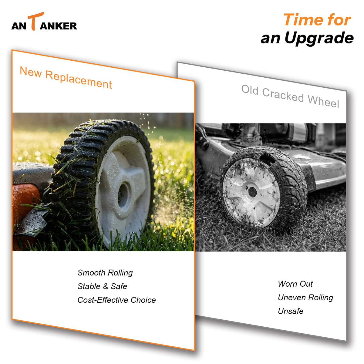 Antanker wheel detail shows rugged tread for steady mowing.
