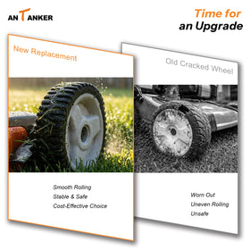 Antanker wheel detail shows rugged tread for steady mowing.