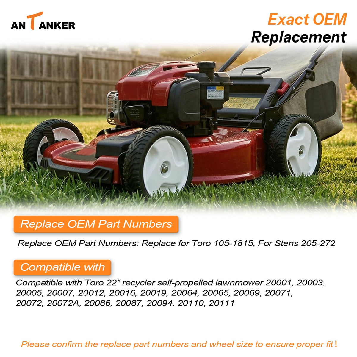 Antanker self-propelled mower front wheels pair enhances maneuverability.