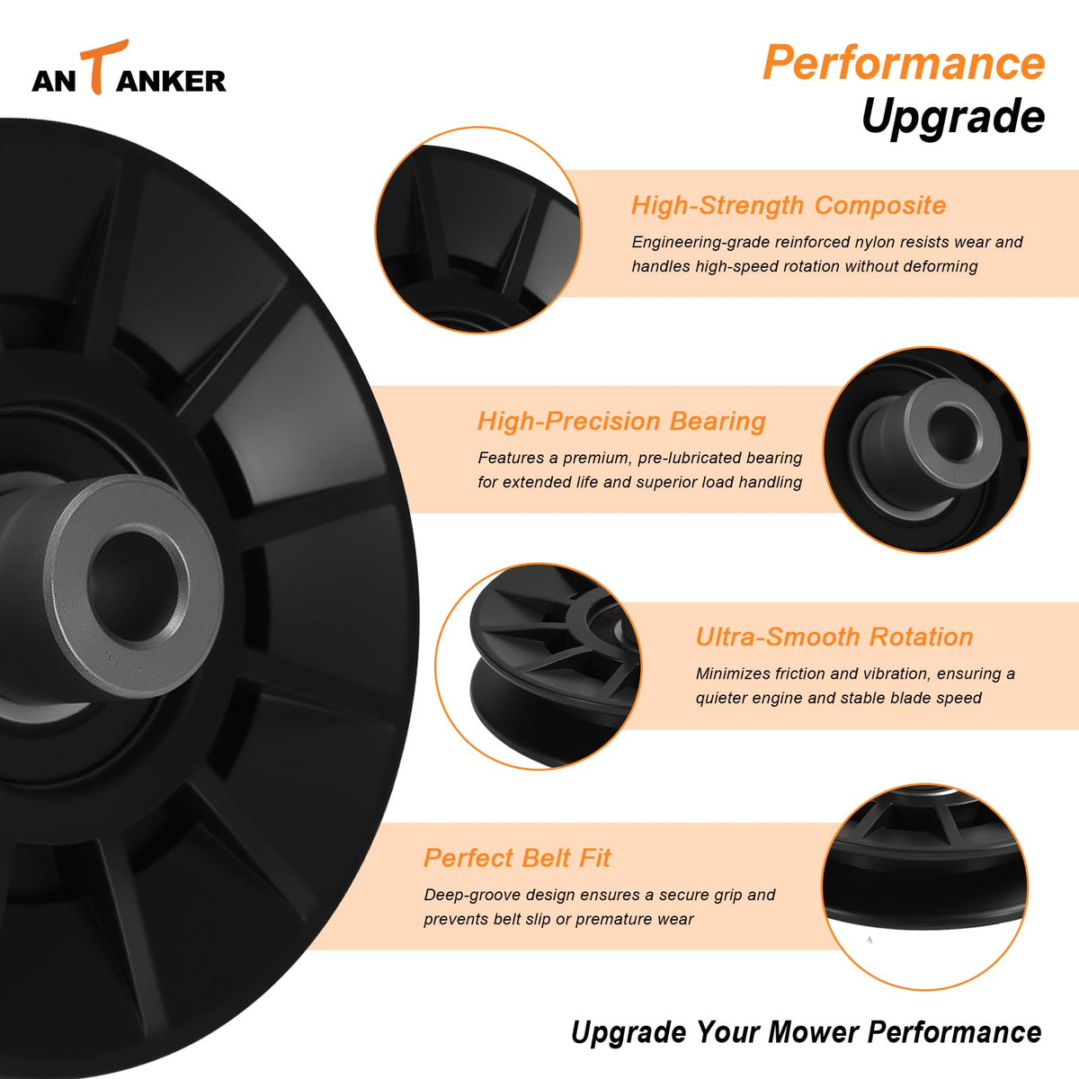 Antanker v-groove idler pulley mounted on mower deck.